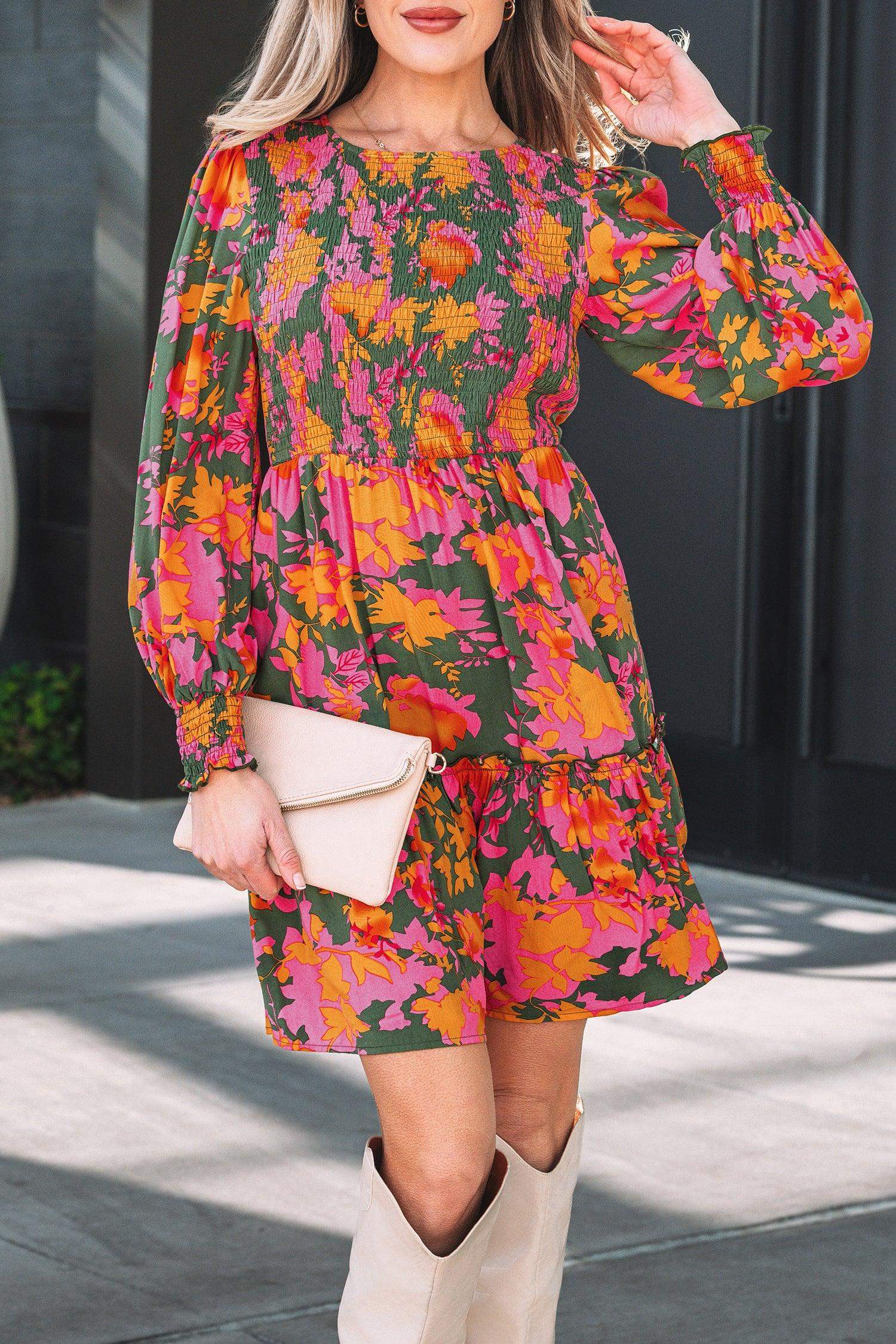 Multicolour Floral Print Long Sleeve Smocked Ruffled Mini Dress