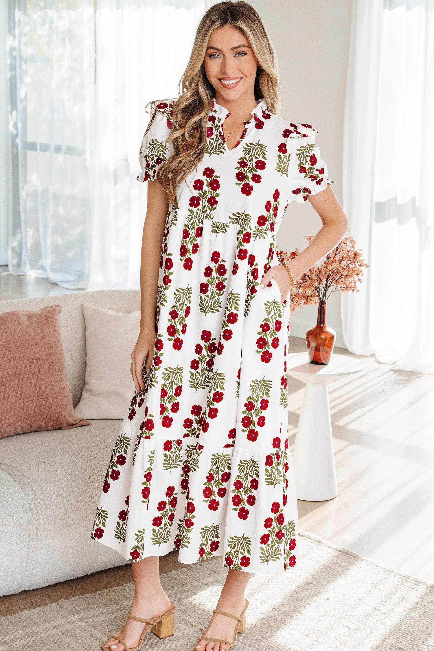 Black Floral Short Bubble Sleeve Tiered Maxi Dress
