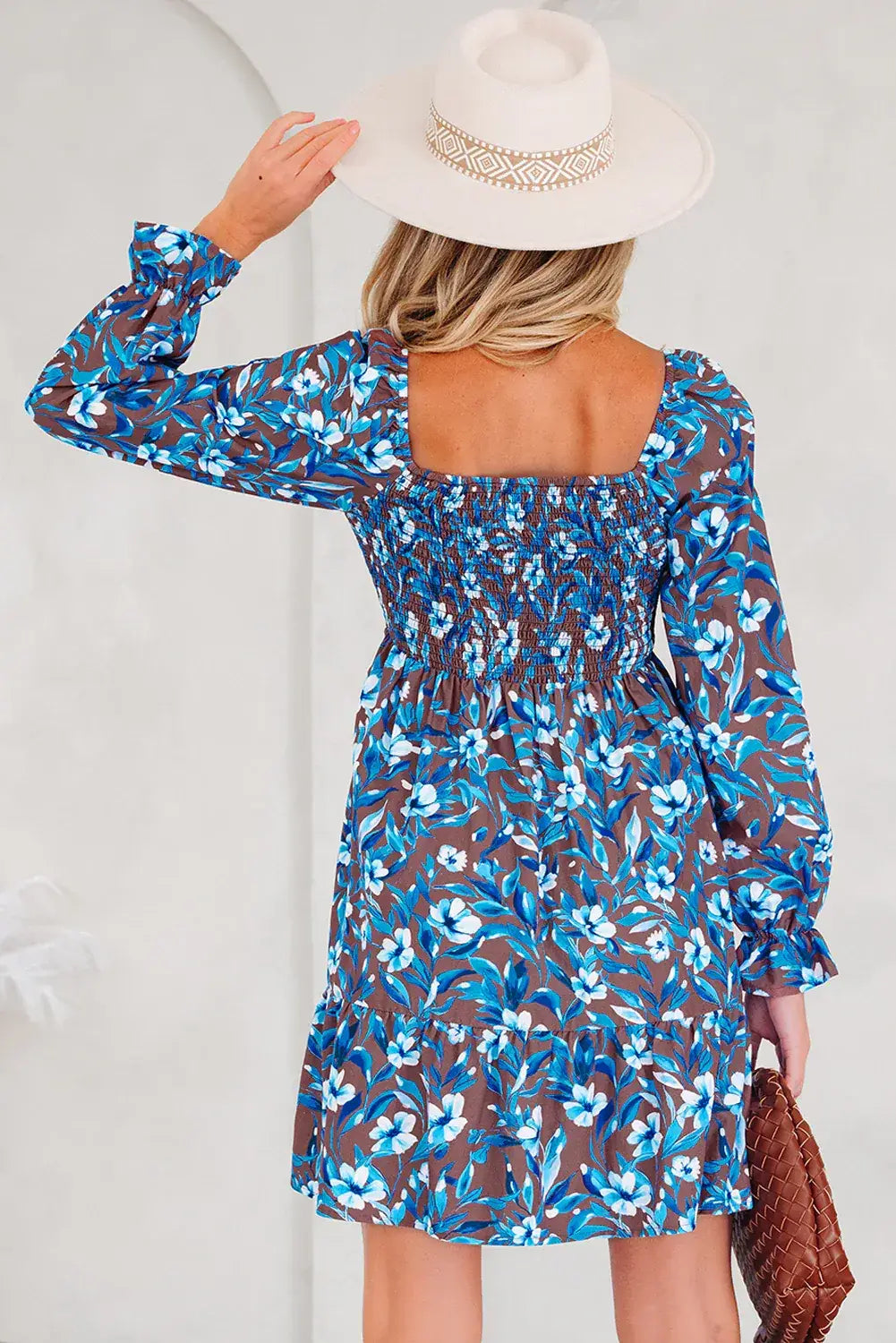 Blue Smocked Bodice High Waist Ruffled Sleeve Floral Dress