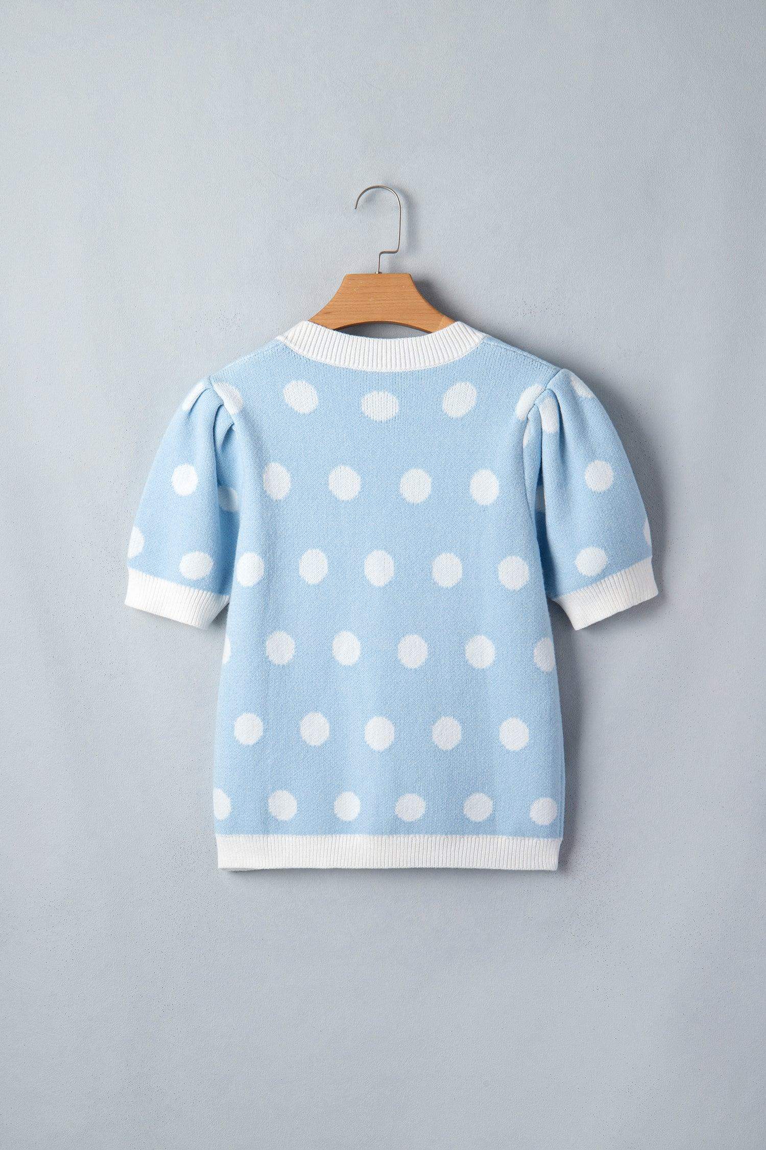 Pink Polka Dot Puff Short Sleeve Sweater Top