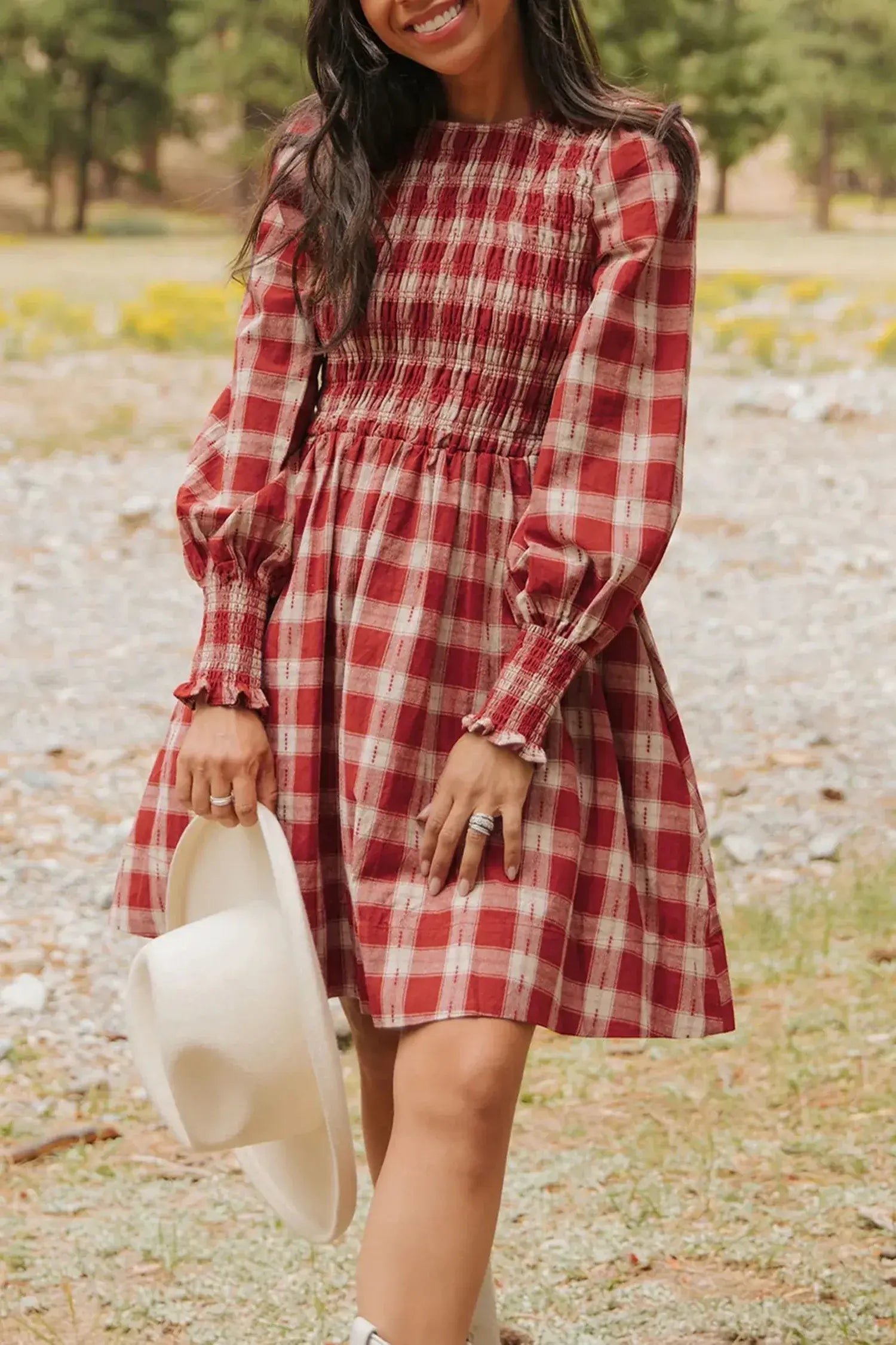 Red Plaid Print Smocked Puff Sleeve Mini Dress