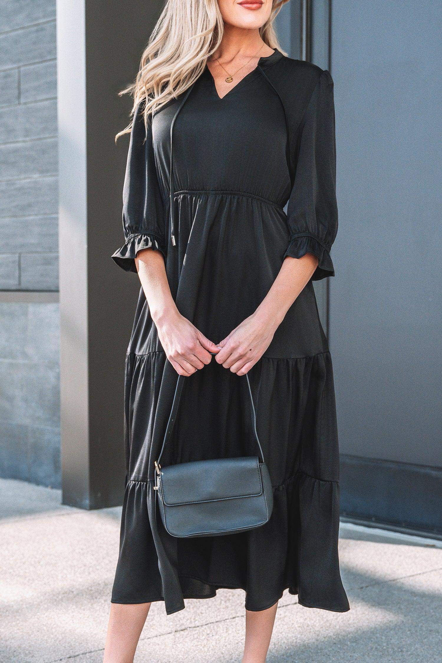 Black Flounced Bracelet Sleeve V Neck Tiered Maxi Dress