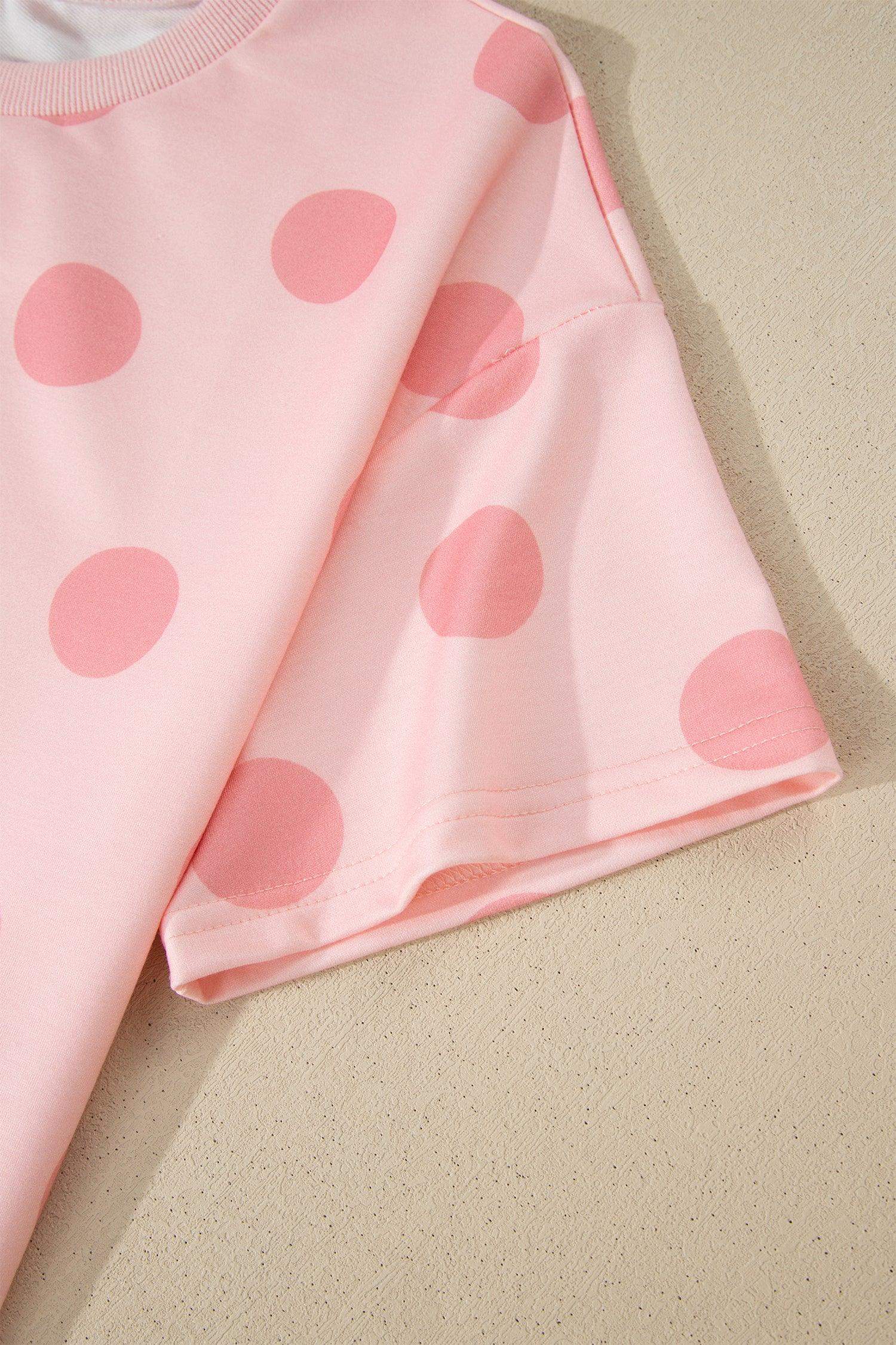 Pink Polka Dot Print Loose Tee Drawstring Elastic Waist Short Set