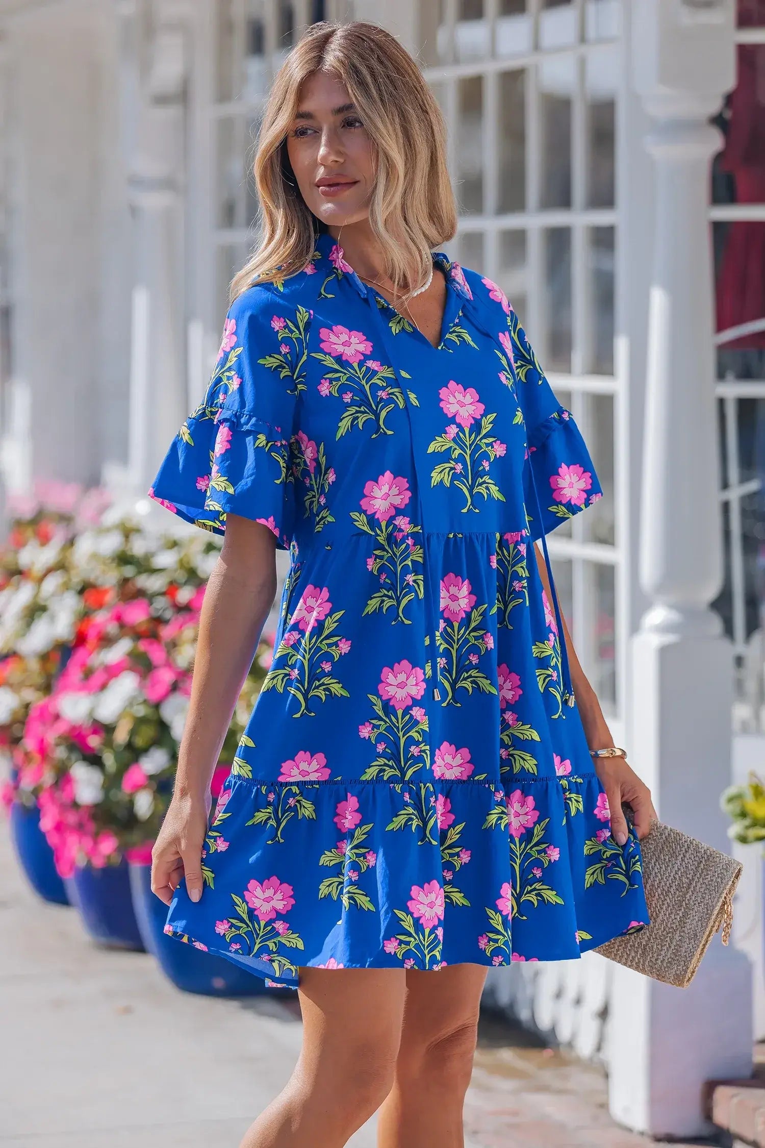 Blue V Neck Short Sleeve Loose Flower Dress