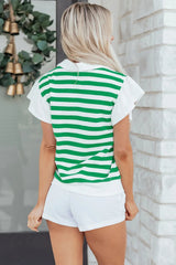 Green Stripe Collar V Neck Ruffled Short Sleeve Blouse