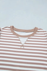 Orange Stripe Ribbed Trim Round Neck Short Puff Sleeve Plus T Shirt
