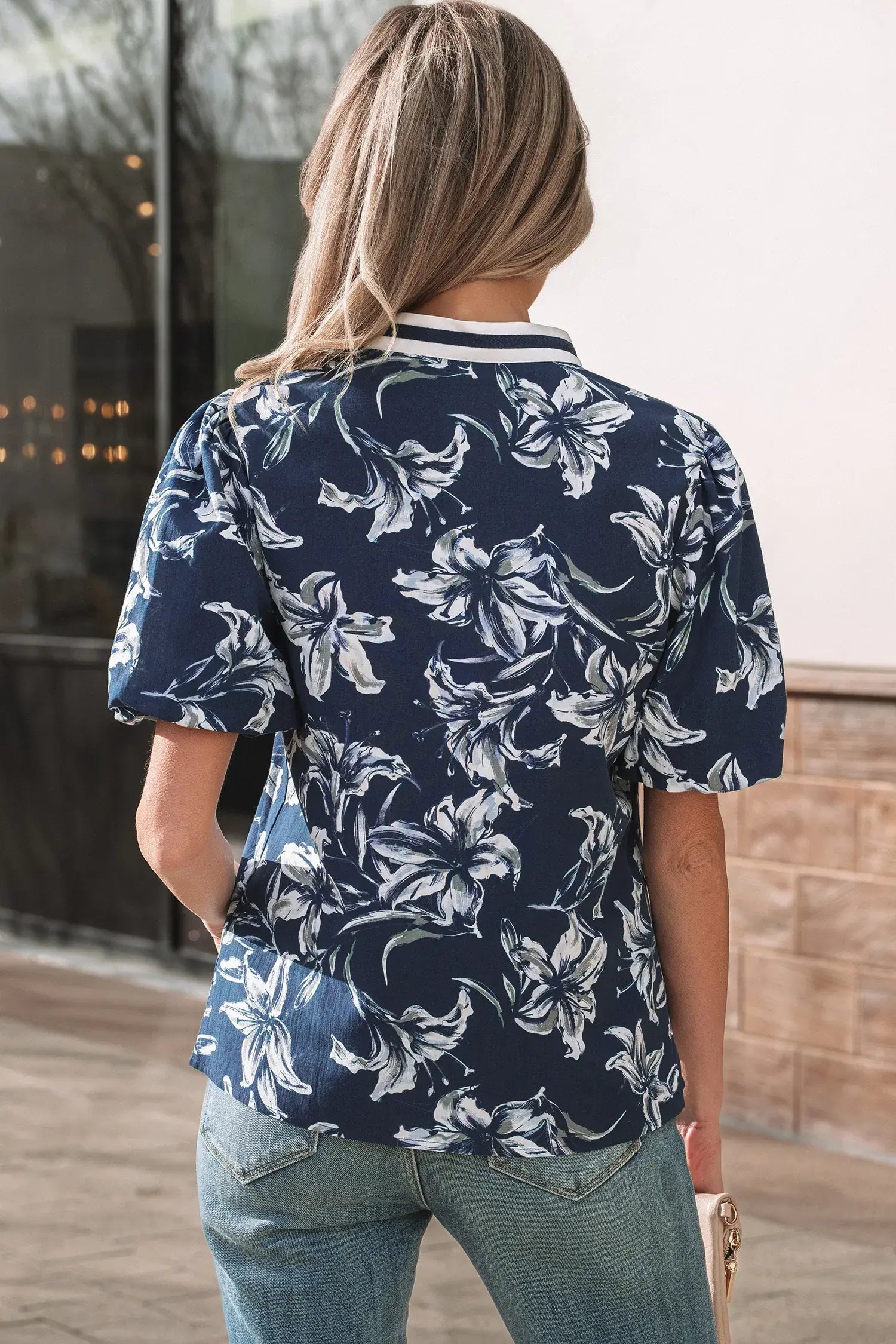 Blue Floral Print Short Puff Sleeve Striped Trim V Neck Blouse