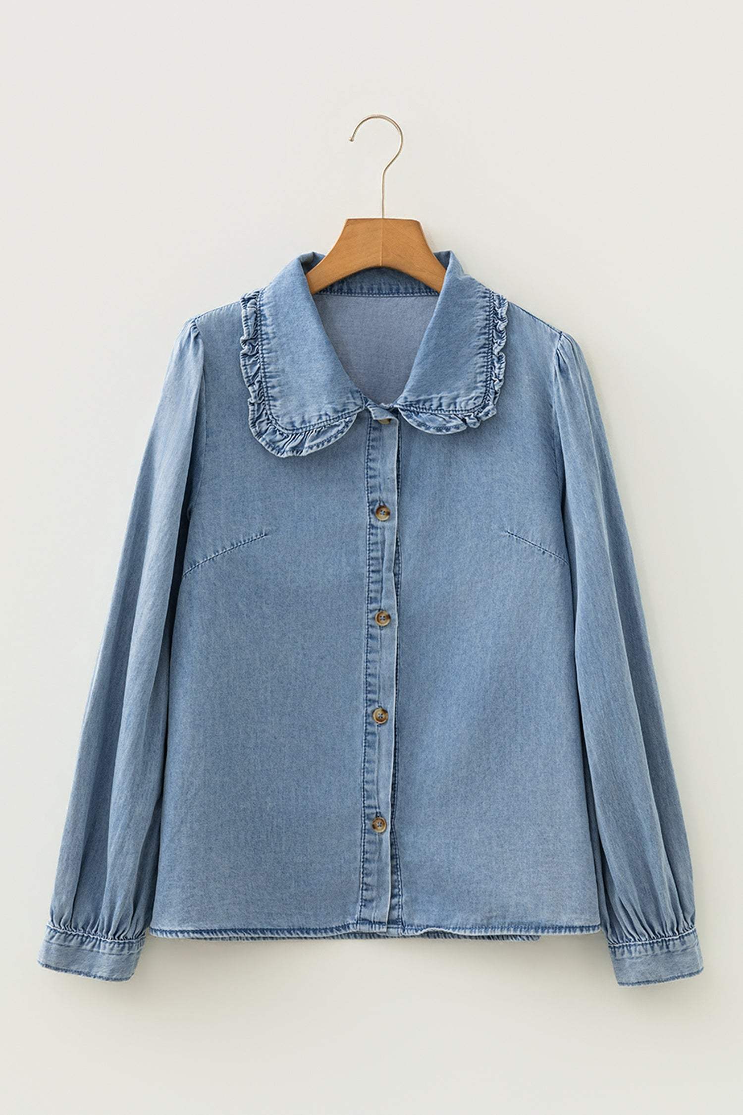 Beau Blue Ruffled Peter Pan Collar Western Denim Shirt