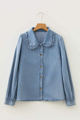 Beau Blue Ruffled Peter Pan Collar Western Denim Shirt