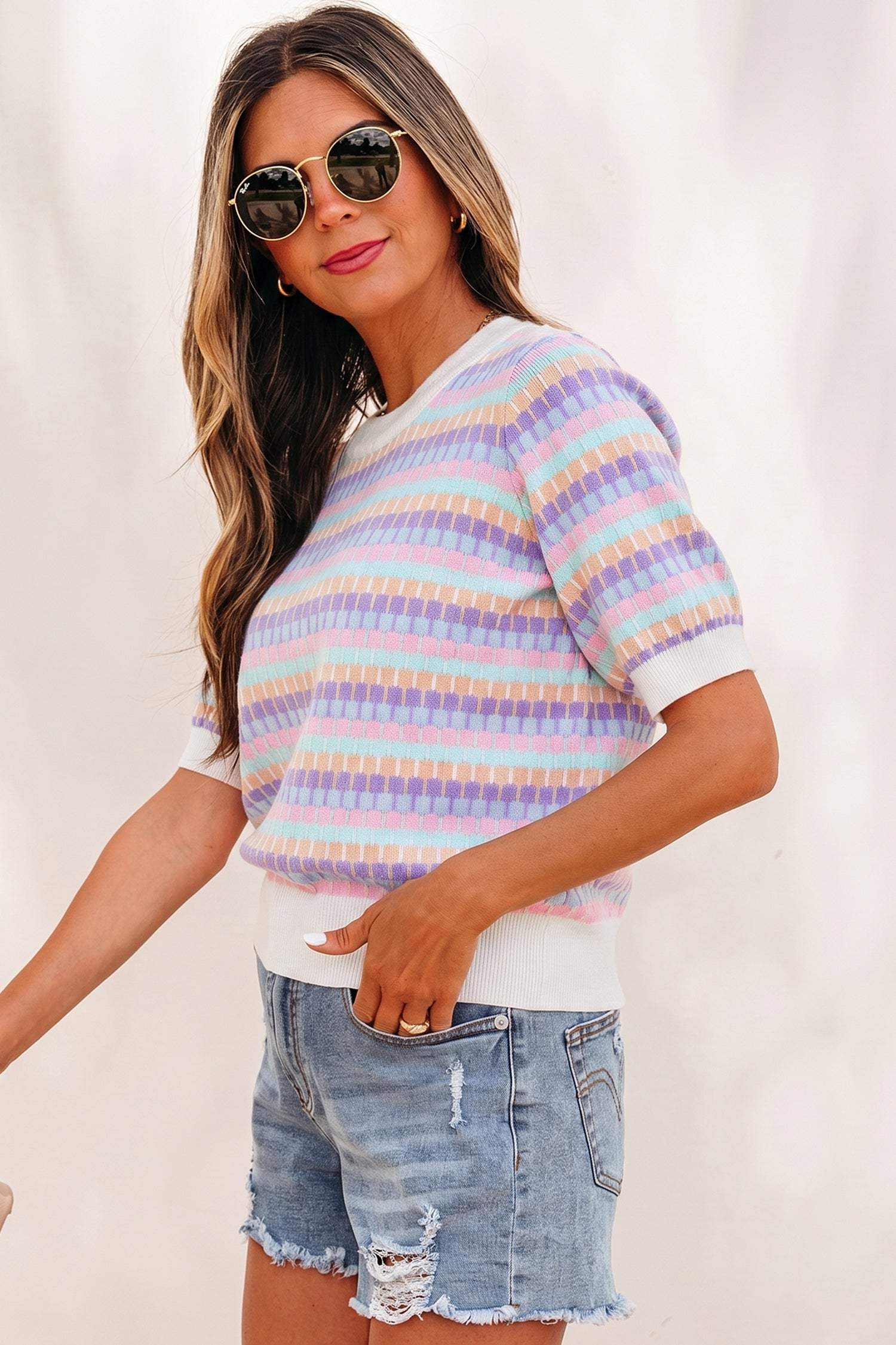 Orange Abstract Striped Knit Short Sleeve Sweater
