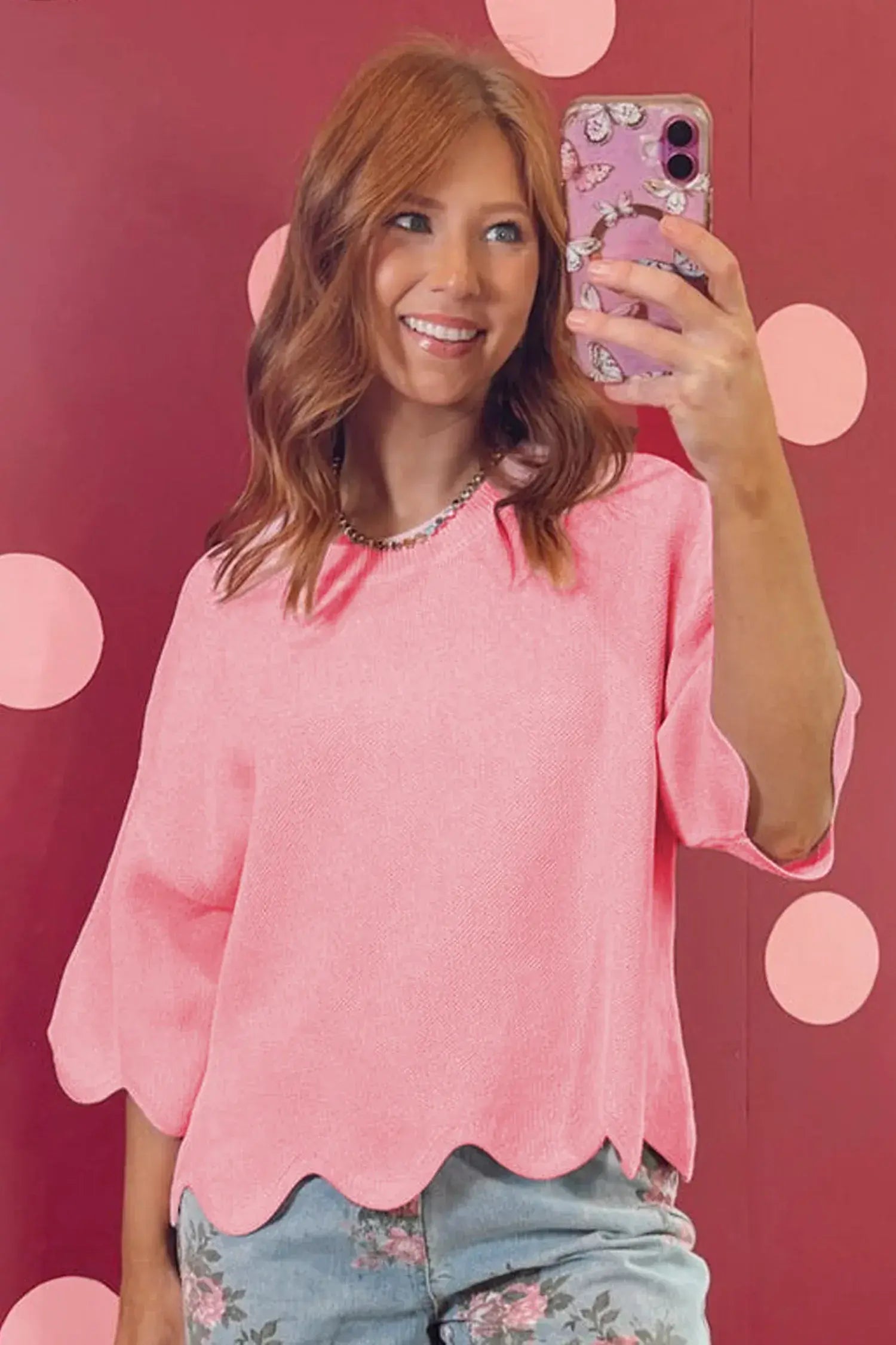 Myosotis Scalloped Hem 3/4 Sleeve Sweater Top