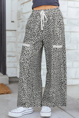 Khaki Animal Print Wide Leg Terry Knit Pants