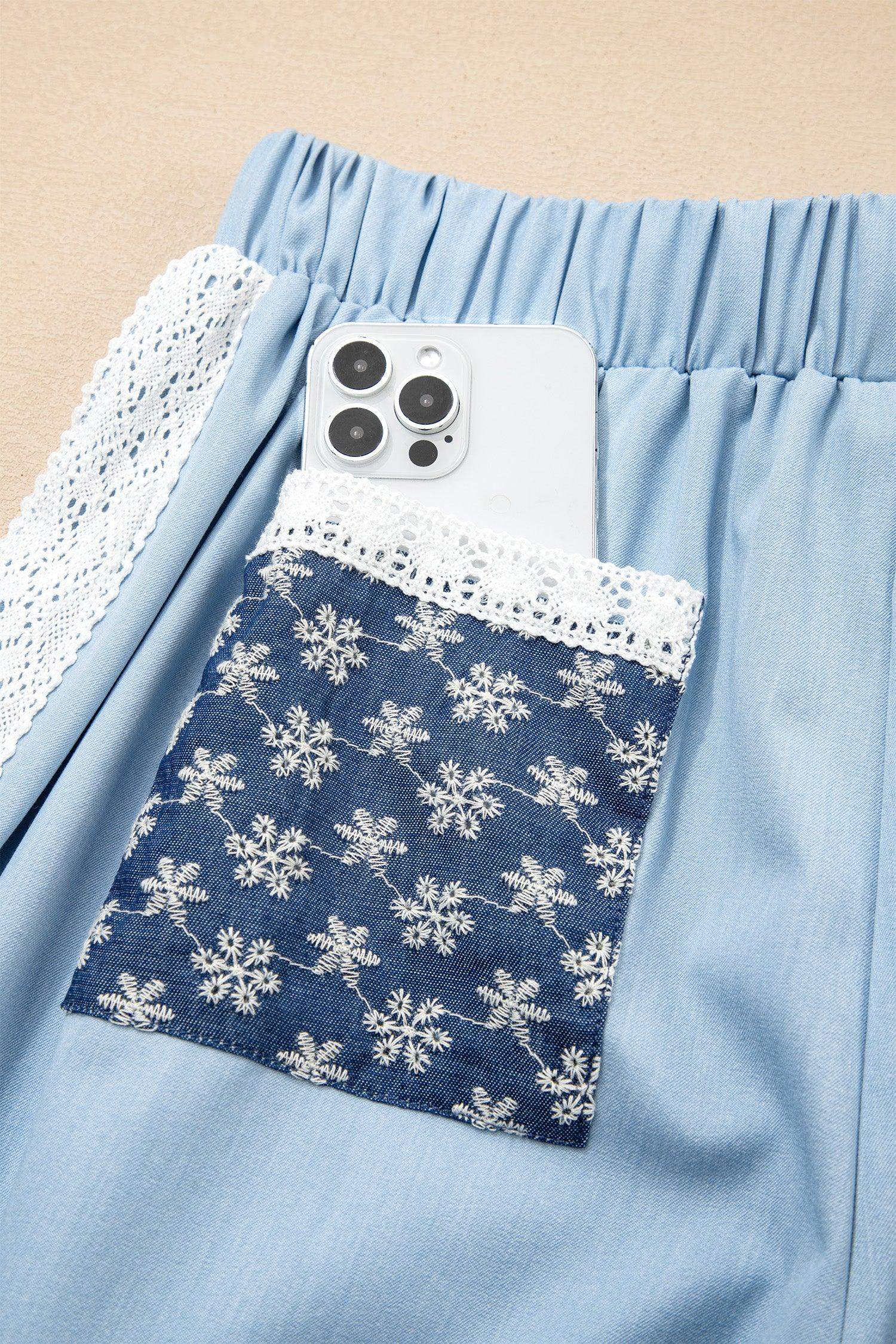 Beau Blue Lace Accent Floral Patched Pocket Pleated Wide Leg Slouchy Pants