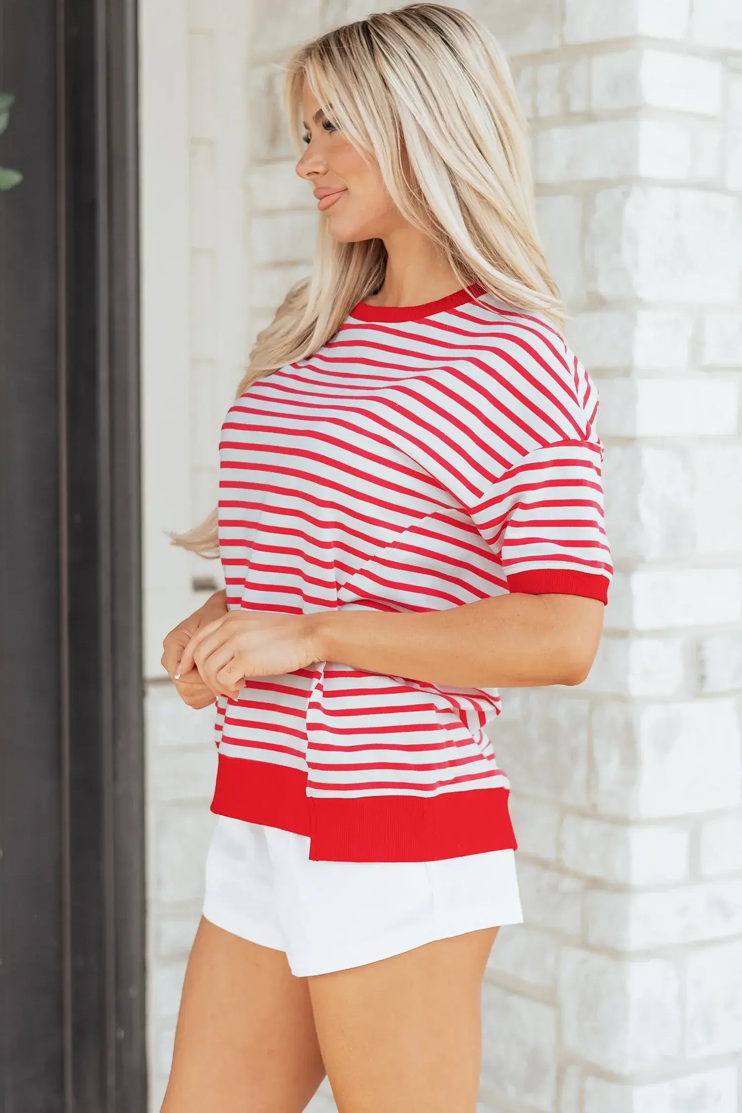 Red Stripe Drop Shoulder Half Sleeve T Shirt