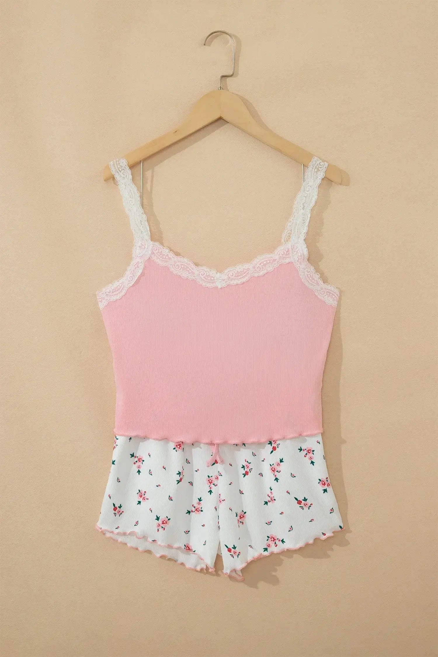 Pink Ribbed Knit Lace Straps Patchwork Lettuce Hem Cropped Top Floral Short Lounge Set