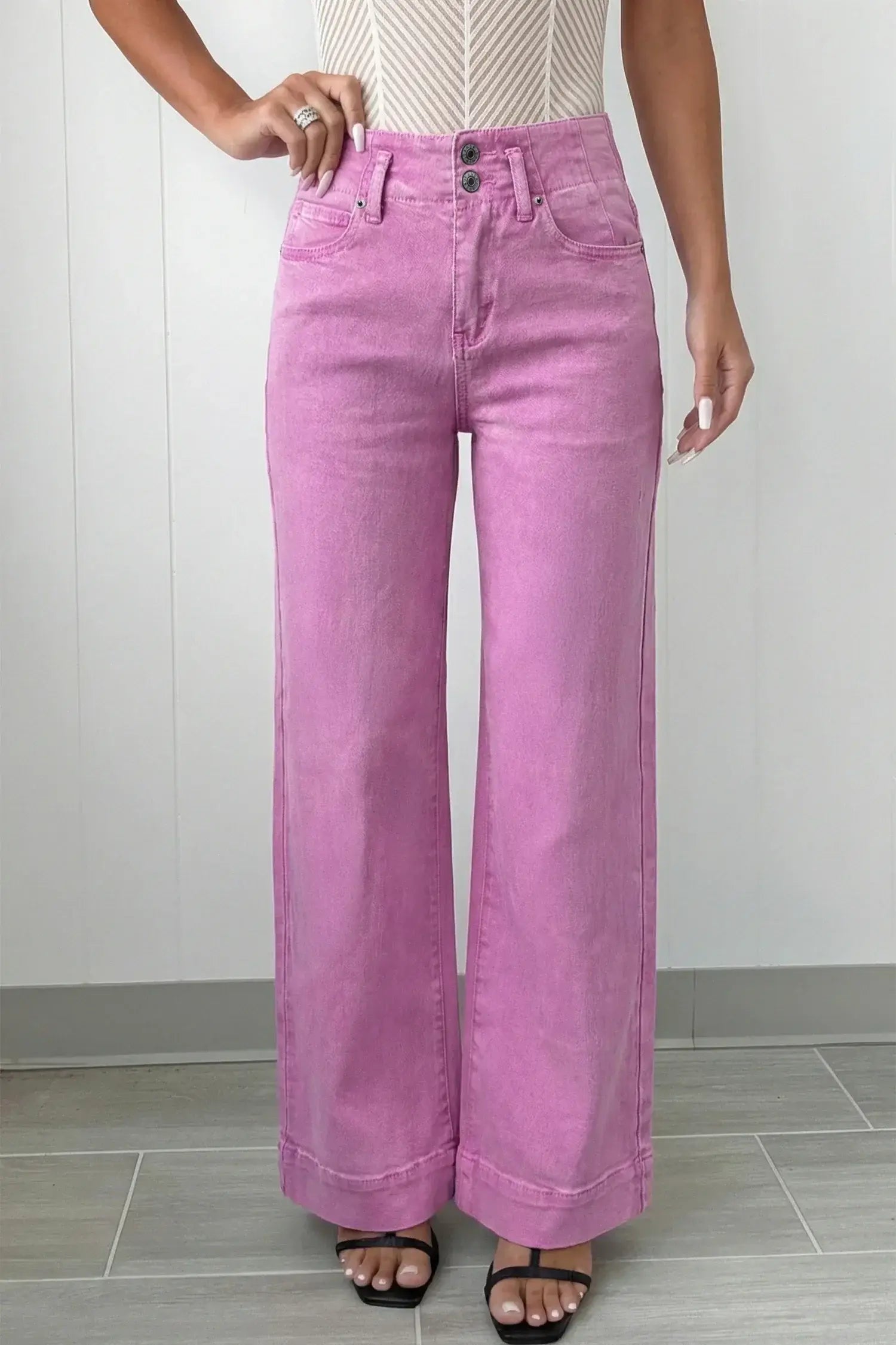 Mist Green 2-Button High Waist Wide Leg Jeans