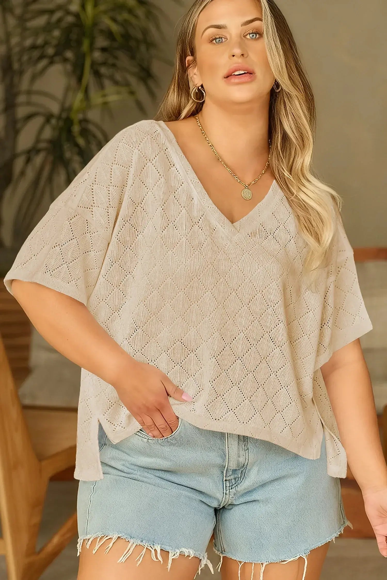 Black Pointelle Rhombus Knit Plus Size V Neck Loose Top