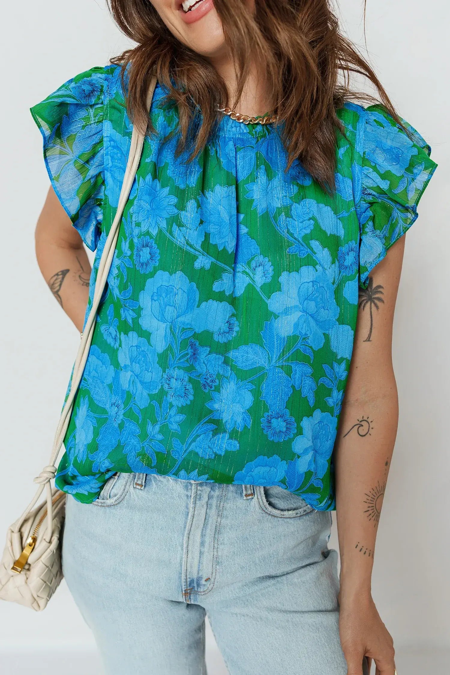 Green Floral Print Ruffled Sleeve Summer Blouse
