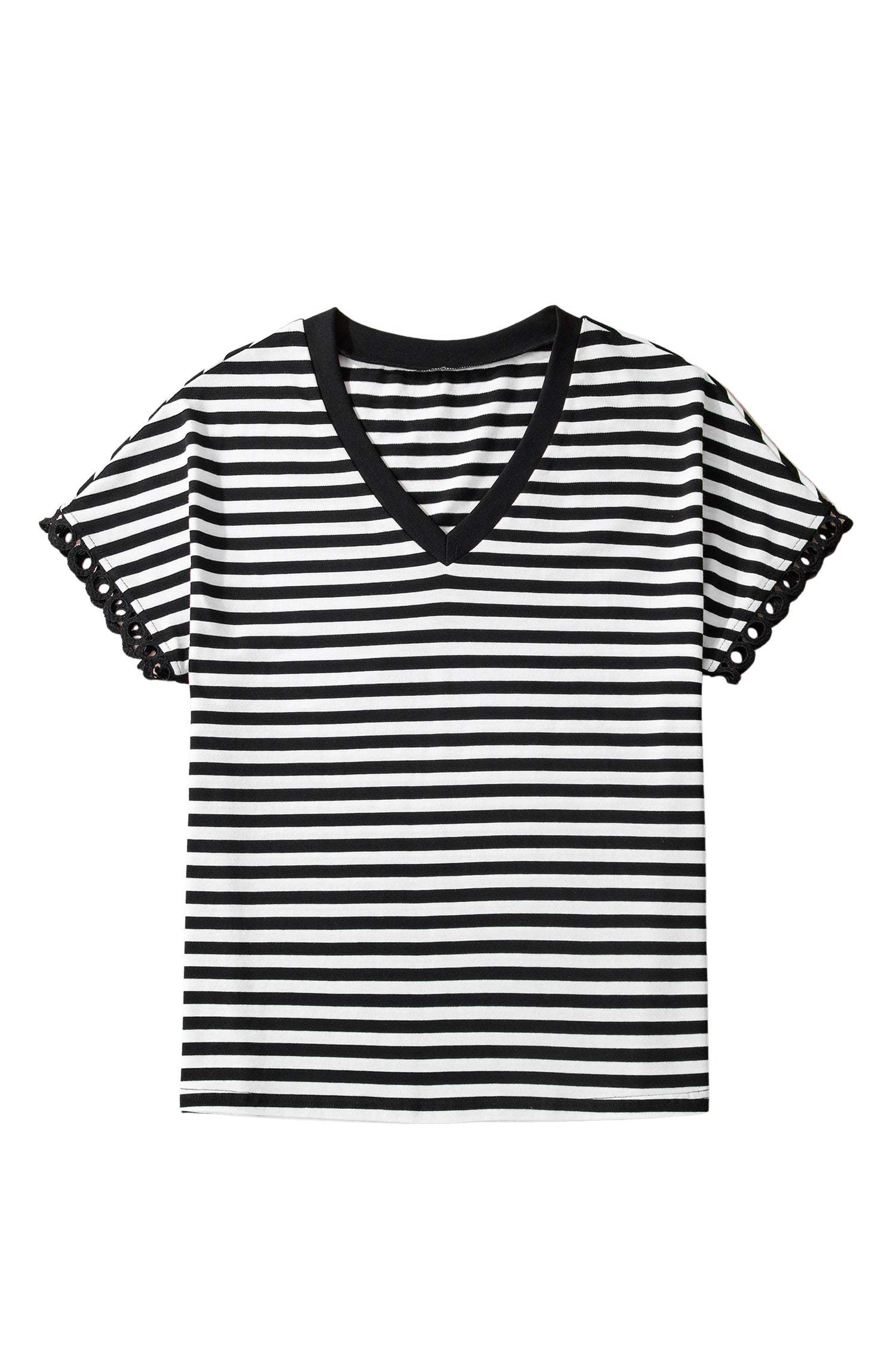 Black Striped Print V Neck Delicate Trim Casual Tee