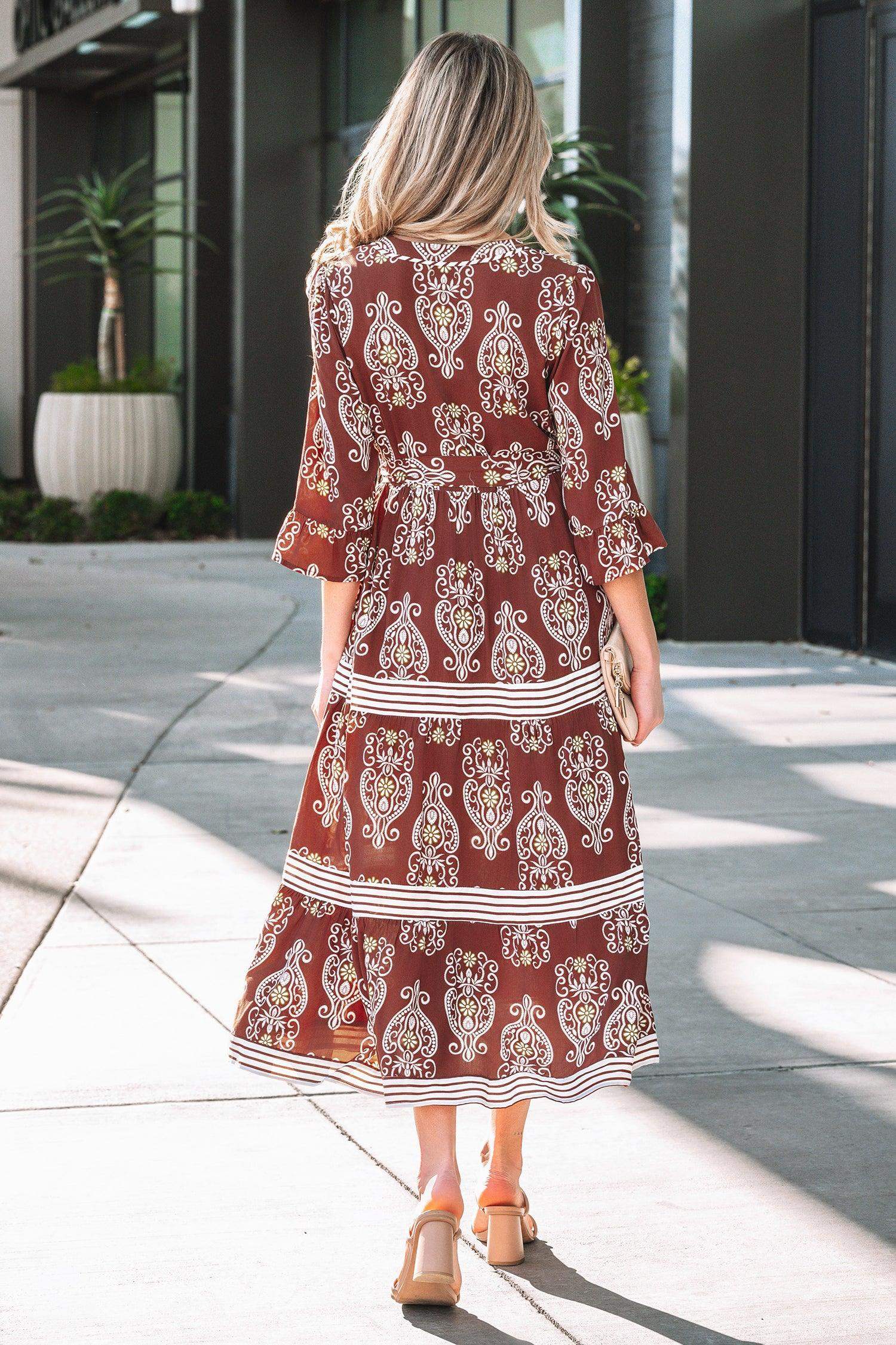 Brown Floral Print Belted Striped Trim Tiered Maxi Dress