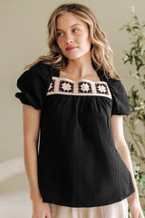 Black Flower Crochet Square Neck Textured Short Sleeve Blouse
