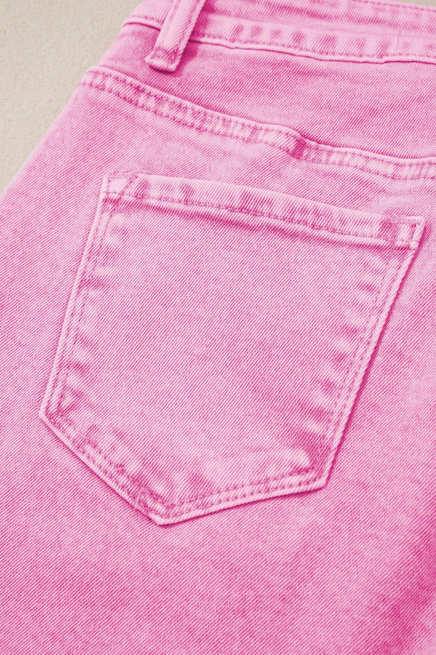 Pink Acid Wash High Waist Uneven Raw Hem Shift Jeans