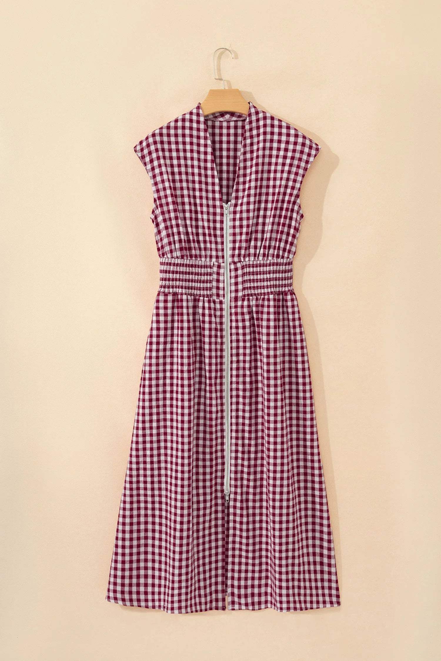 Red Plaid Print Full Zipper Cinched Waist Fit Flare Sleeveless Maxi Dress