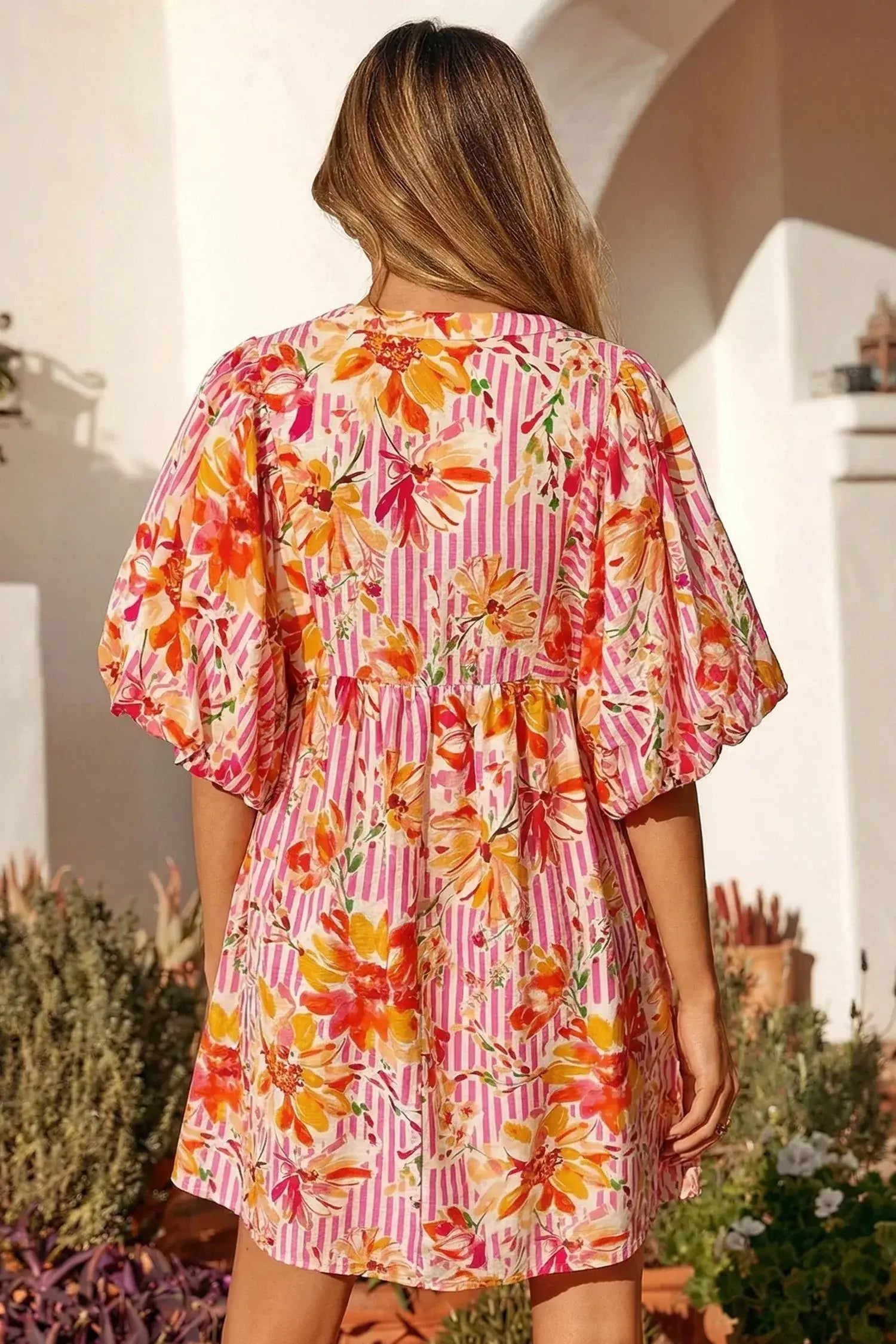 Pink Striped Floral Print Tie Neck Puff Sleeve Loose Mini Dress