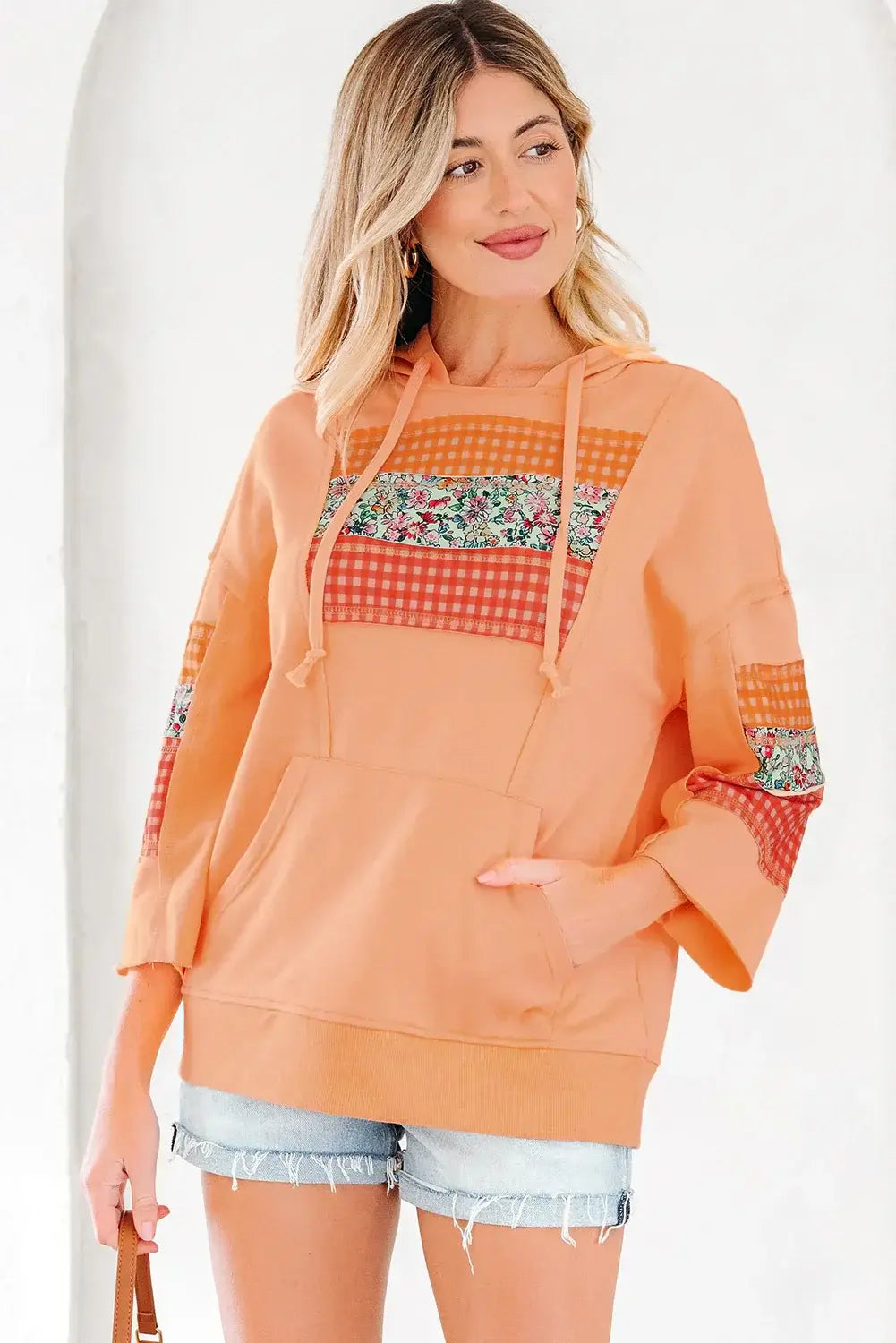 Grapefruit Orange Plaid Floral Patchwork Kangaroo Pocket Hooded Long Sleeve Top