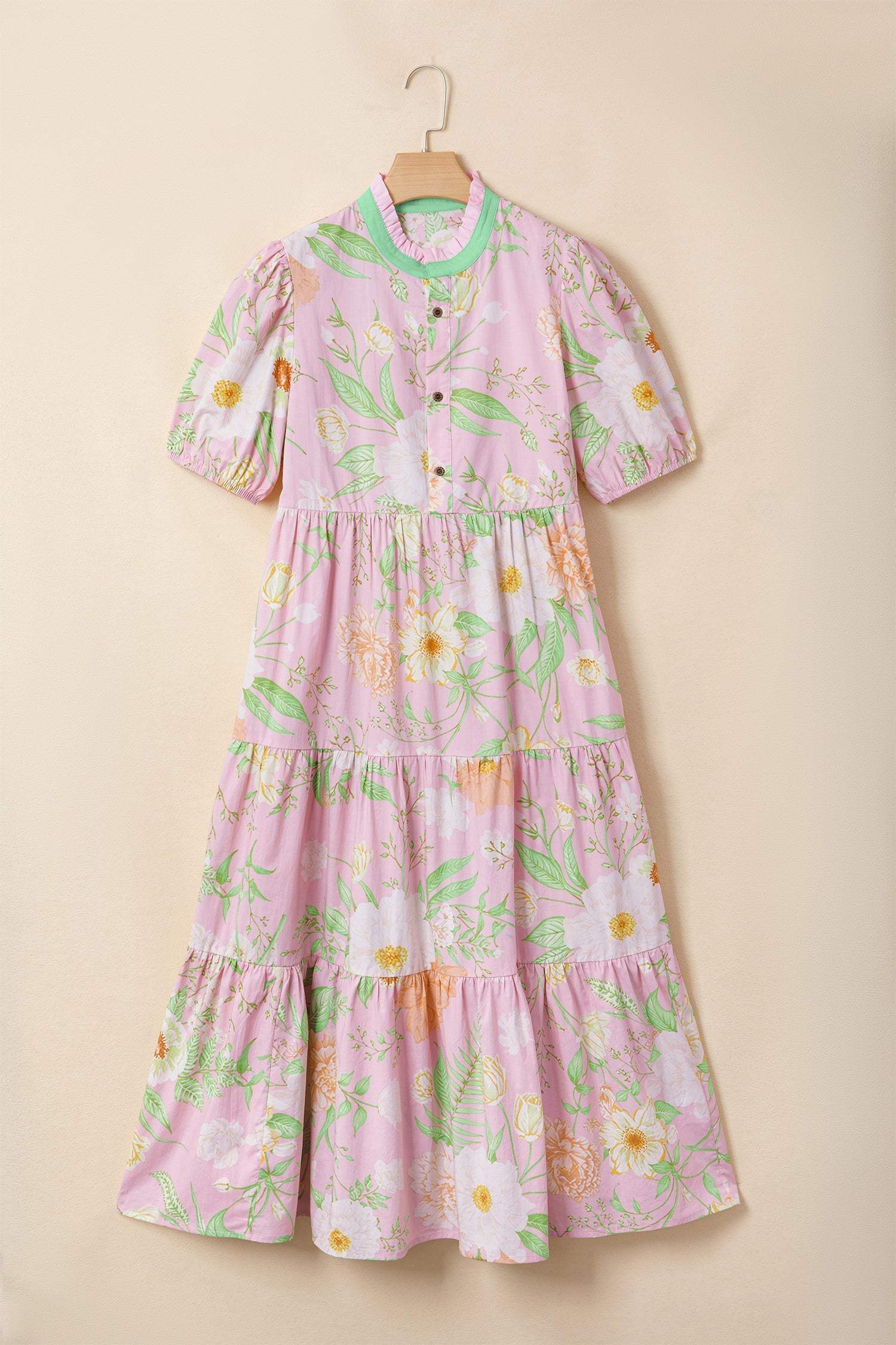 Pink Floral Print Short Puff Sleeve High Waist Tiered Maxi Dress