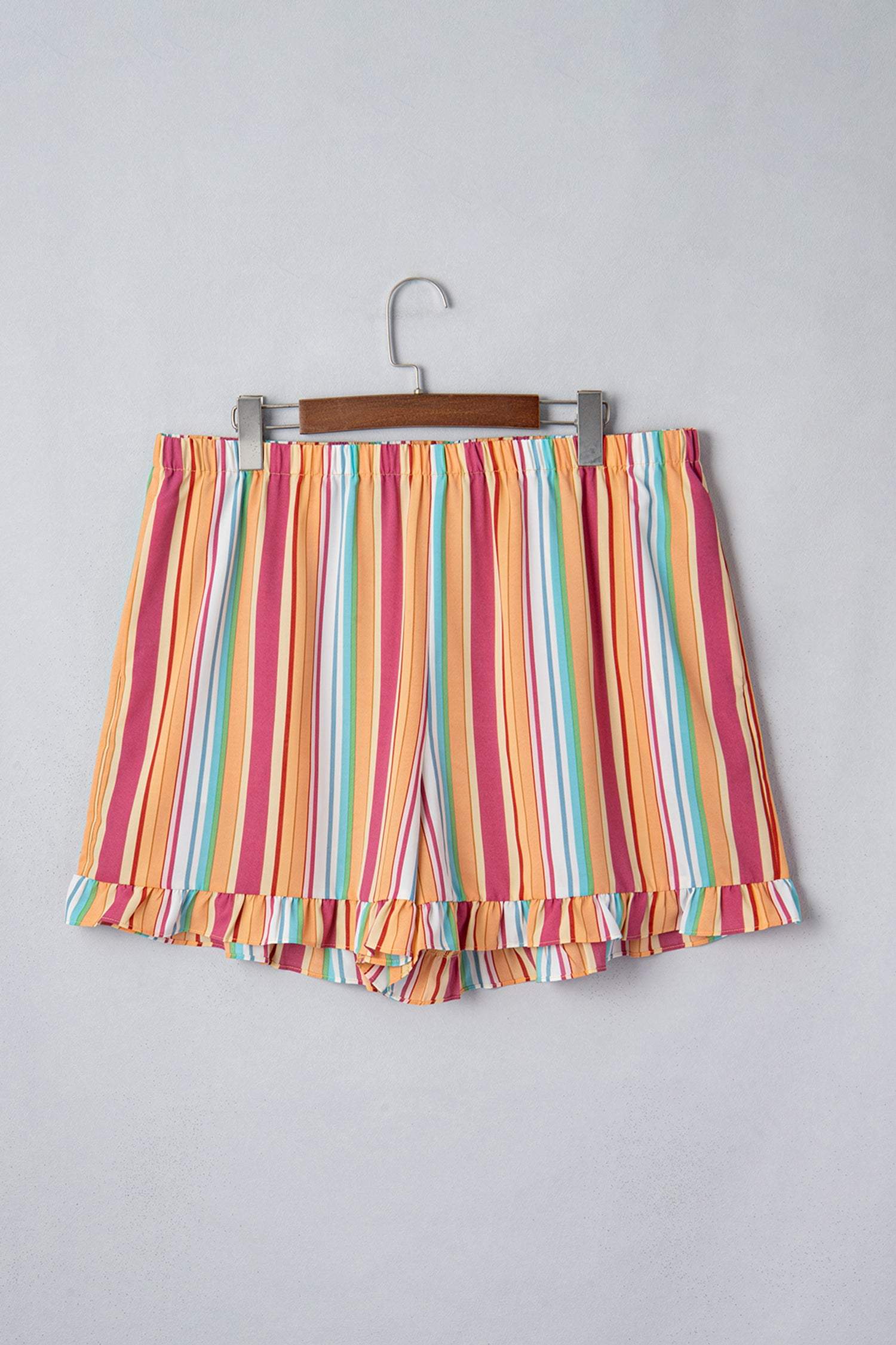 Orange Stripe Plus Size Elastic Waist Ruffle Hem Shorts