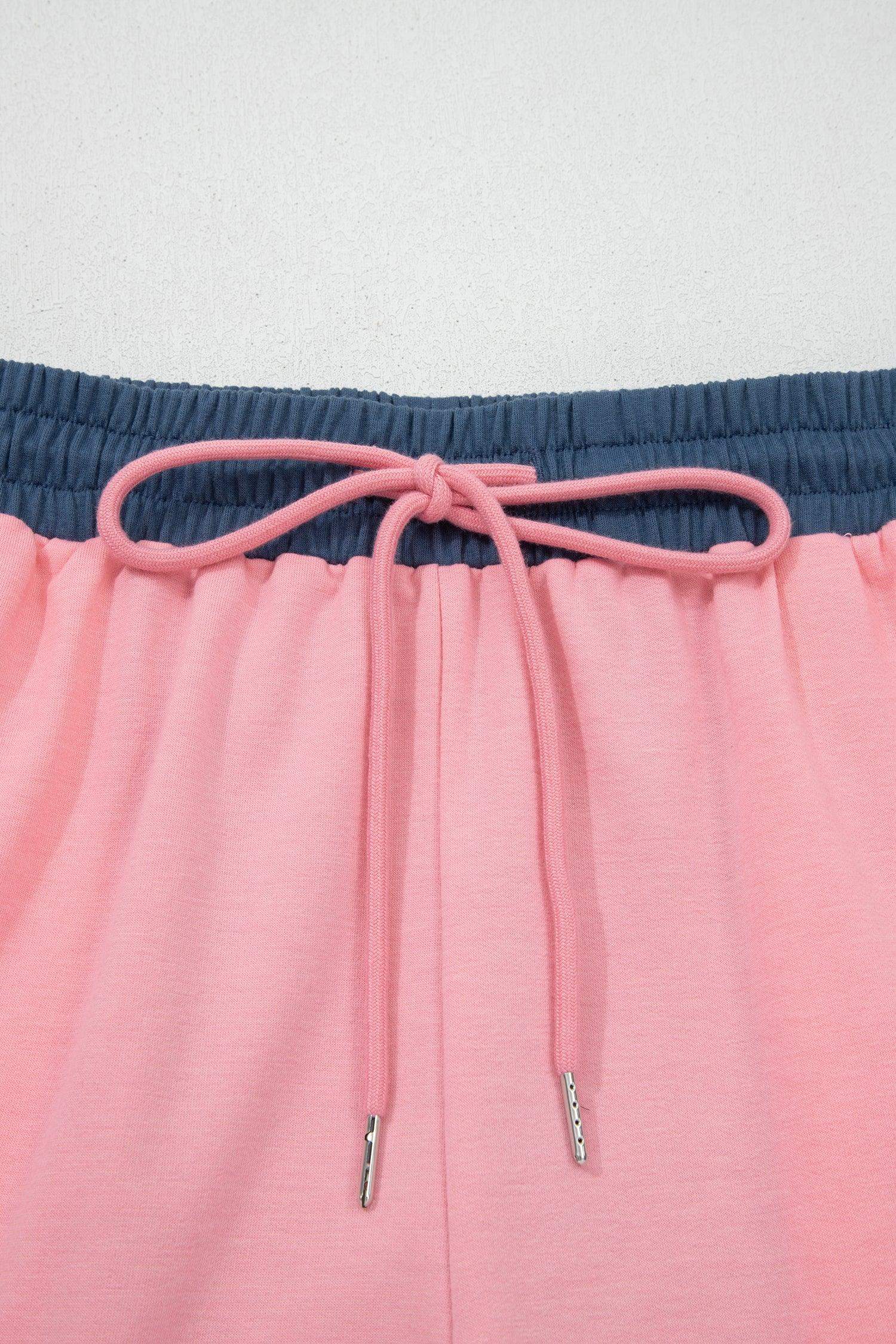Pink Color Block Patchwork Varsity Striped Detail Drawstring Elastic Waist Shorts