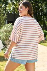 Pink Stripe Waffle Knit Pocketed Half Sleeve Plus Size T Shirt